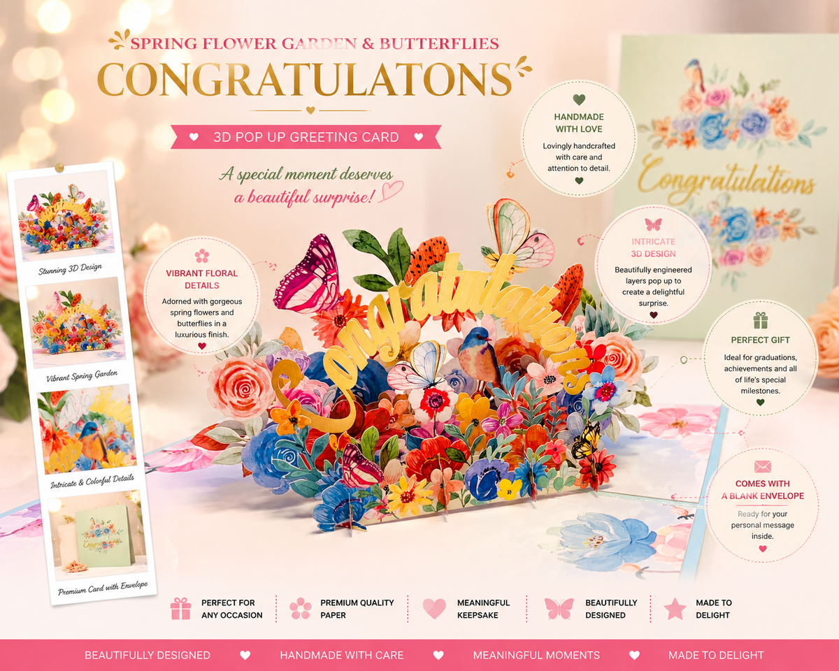 Spring Flower Garden & Butterflies CONGRATULATIONS Origami Pop Cards 3D Pop Up Greeting Card Thank You Handmade Gift Thinking of You Happy Birthday Occasion Australiana Celebrate the Beauty and Happiness During Special Day Best Wishes Gift