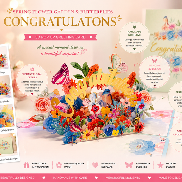 Spring Flower Garden & Butterflies CONGRATULATIONS Origami Pop Cards 3D Pop Up Greeting Card Thank You Handmade Gift Thinking of You Happy Birthday Occasion Australiana Celebrate the Beauty and Happiness During Special Day Best Wishes Gift