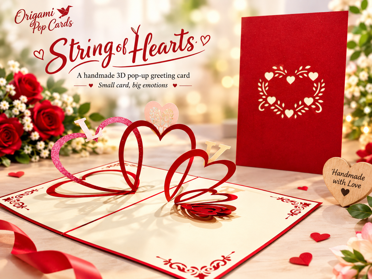 String of Hearts LOVE 3D POP UP GREETING CARD - Created by Origami Pop Cards Australian Design & Handmade 3D Pop Up Magical Paper Cards, Handmade Pop Up Cards Happy Valentine's Day Celebrate Love Heart Fell and Romantic