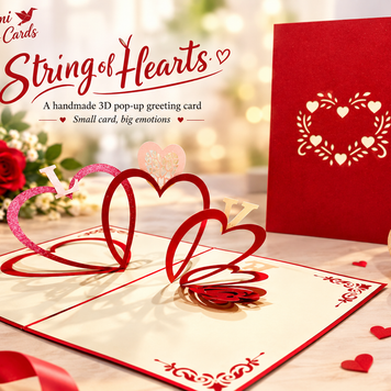 String of Hearts LOVE 3D POP UP GREETING CARD - Created by Origami Pop Cards Australian Design & Handmade 3D Pop Up Magical Paper Cards, Handmade Pop Up Cards Happy Valentine's Day Celebrate Love Heart Fell and Romantic
