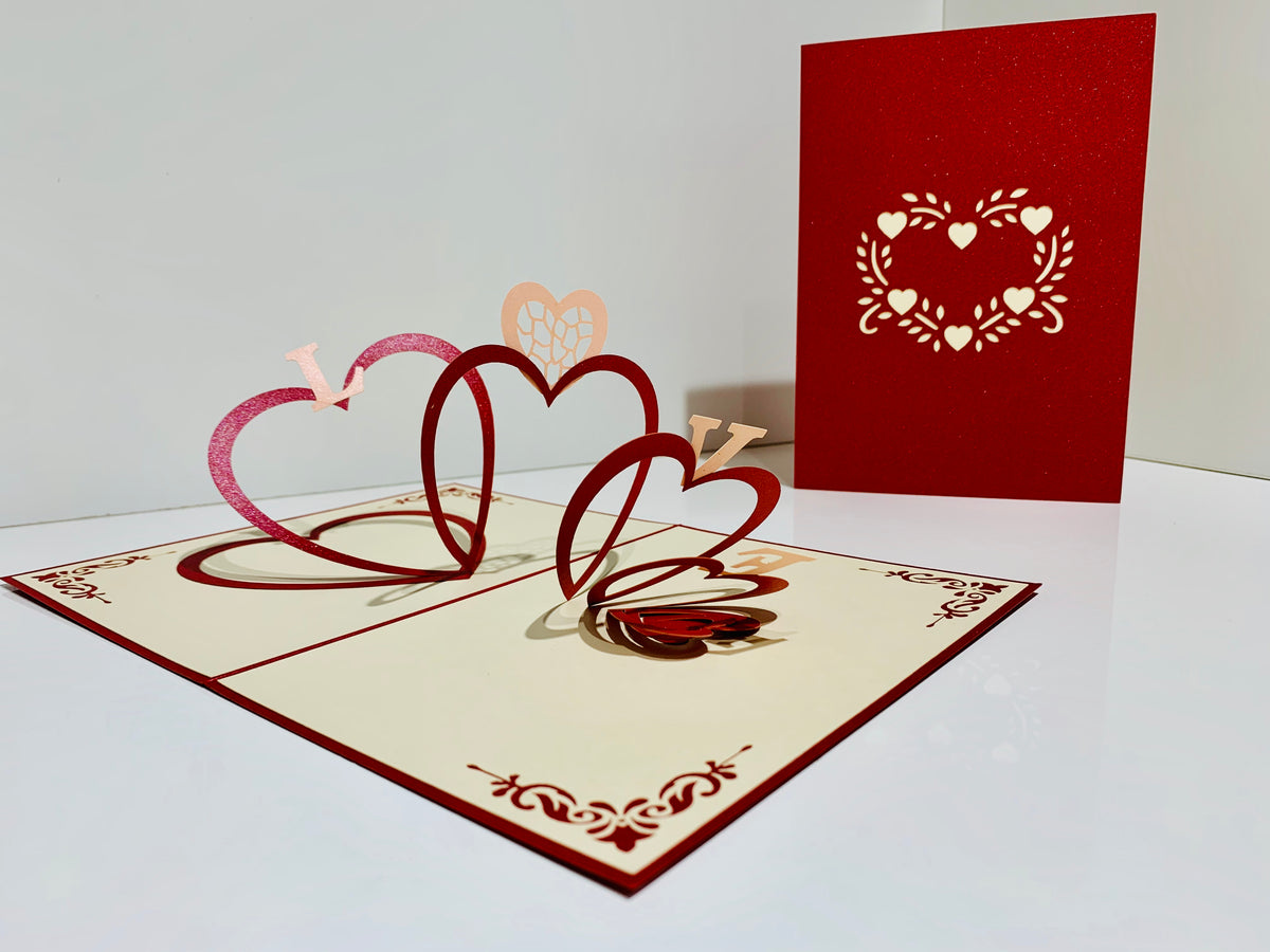 String of Hearts LOVE 3D POP UP GREETING CARD - Created by Origami Pop Cards Australian Design & Handmade 3D Pop Up Magical Paper Cards, Handmade Pop Up Cards Happy Valentine's Day Celebrate Love Heart Fell and Romantic