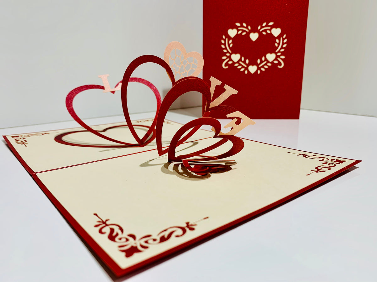 String of Hearts LOVE 3D POP UP GREETING CARD - Created by Origami Pop Cards Australian Design & Handmade 3D Pop Up Magical Paper Cards, Handmade Pop Up Cards Happy Valentine's Day Celebrate Love Heart Fell and Romantic