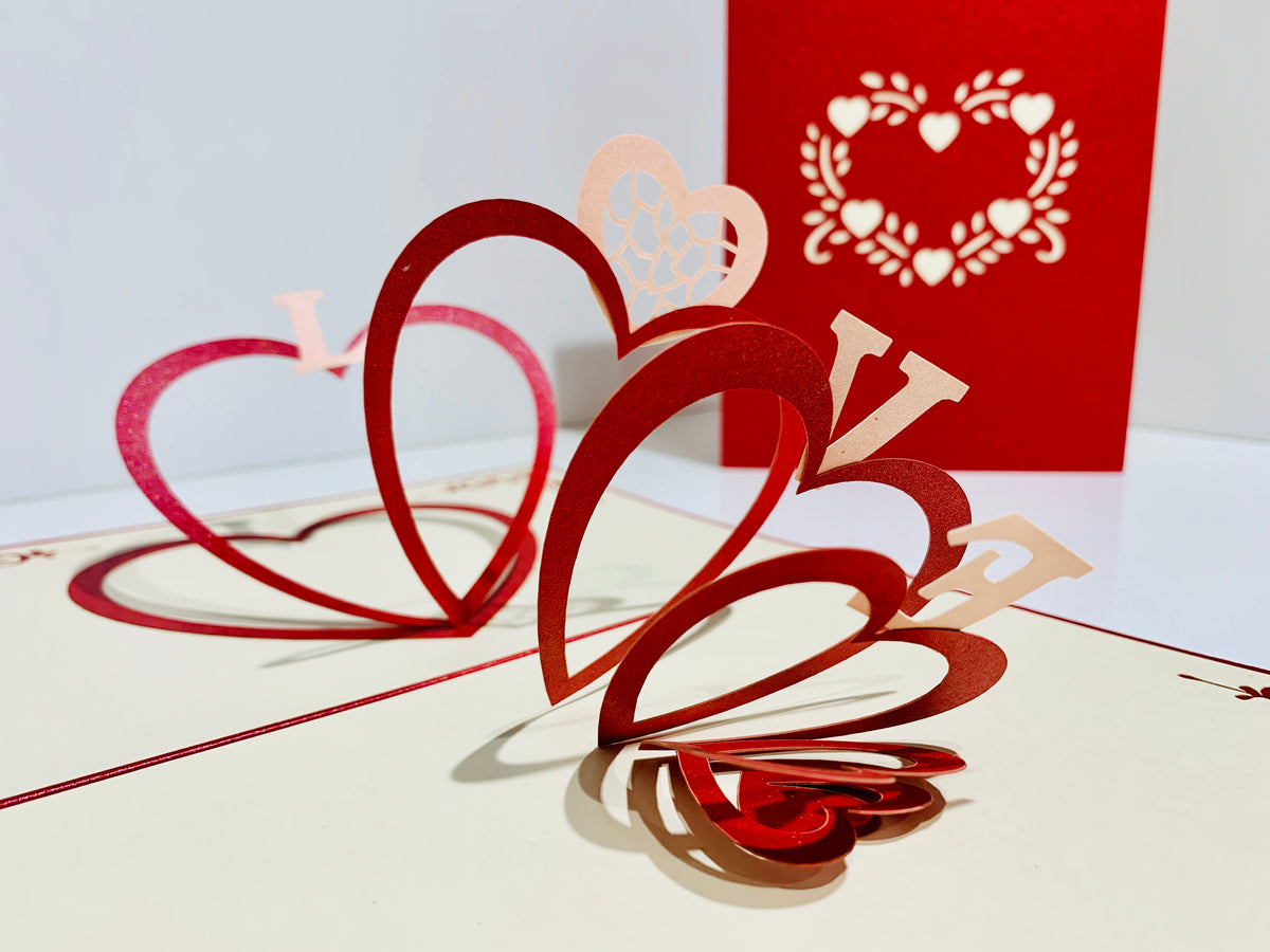 String of Hearts LOVE 3D POP UP GREETING CARD - Created by Origami Pop Cards Australian Design & Handmade 3D Pop Up Magical Paper Cards, Handmade Pop Up Cards Happy Valentine's Day Celebrate Love Heart Fell and Romantic