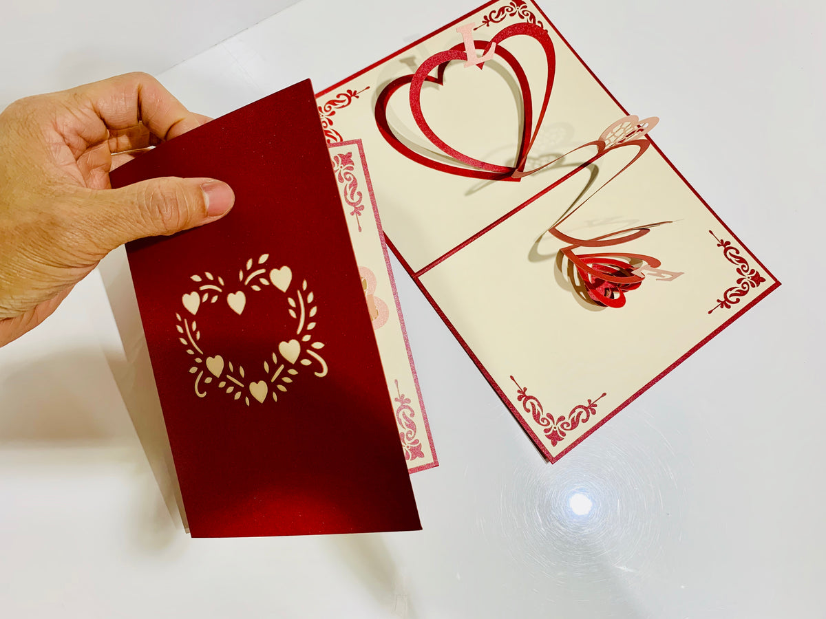 String of Hearts LOVE 3D POP UP GREETING CARD - Created by Origami Pop Cards Australian Design & Handmade 3D Pop Up Magical Paper Cards, Handmade Pop Up Cards Happy Valentine's Day Celebrate Love Heart Fell and Romantic