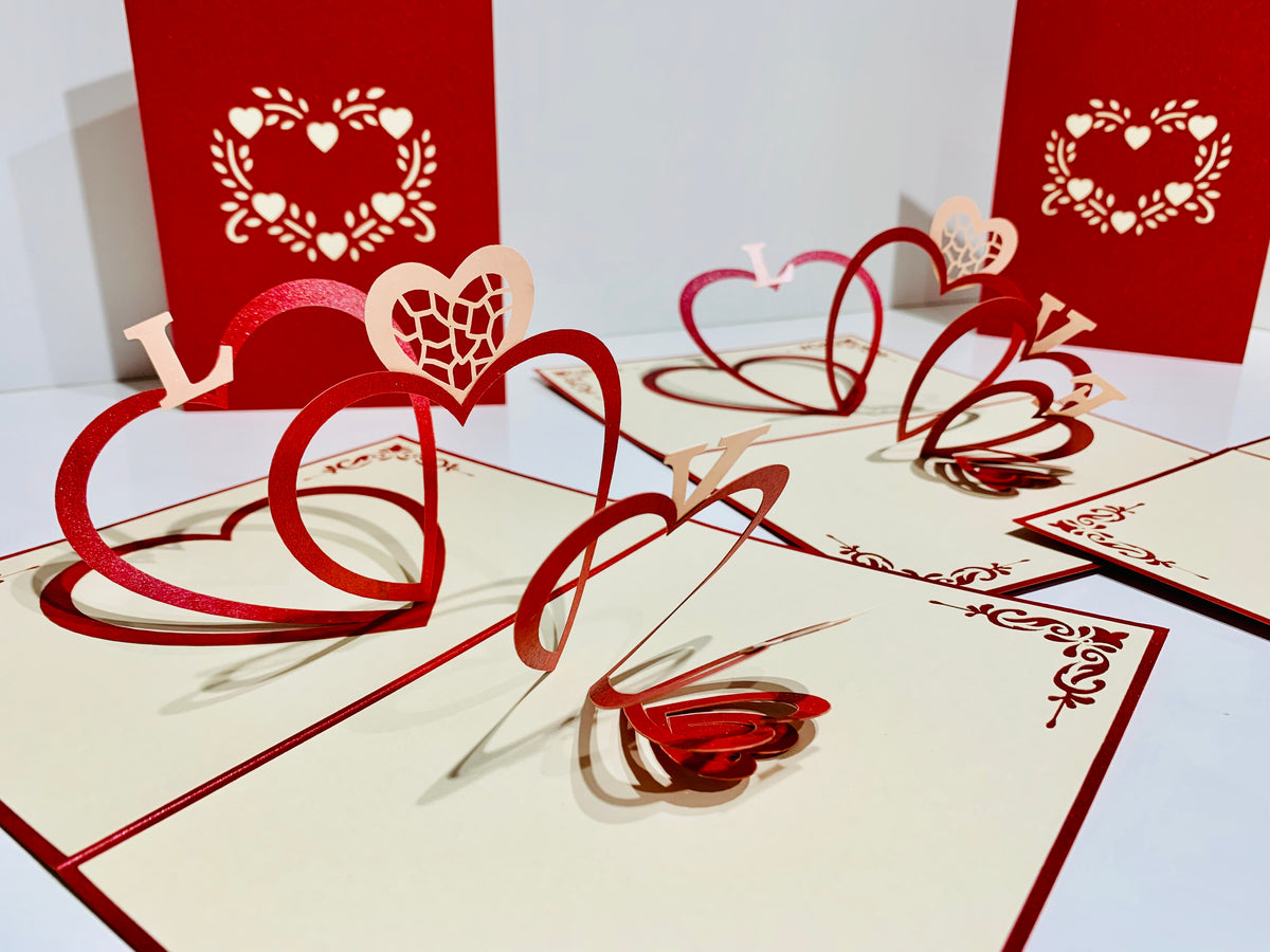 String of Hearts LOVE 3D POP UP GREETING CARD - Created by Origami Pop Cards Australian Design & Handmade 3D Pop Up Magical Paper Cards, Handmade Pop Up Cards Happy Valentine's Day Celebrate Love Heart Fell and Romantic
