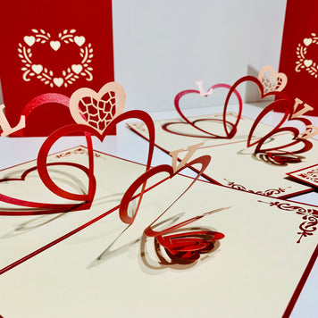 String of Hearts LOVE 3D POP UP GREETING CARD - Created by Origami Pop Cards Australian Design & Handmade 3D Pop Up Magical Paper Cards, Handmade Pop Up Cards Happy Valentine's Day Celebrate Love Heart Fell and Romantic