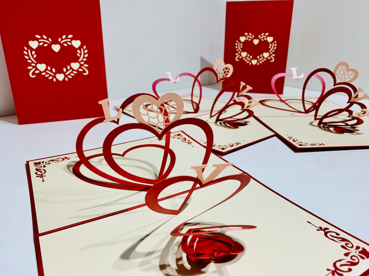 String of Hearts LOVE 3D POP UP GREETING CARD - Created by Origami Pop Cards Australian Design & Handmade 3D Pop Up Magical Paper Cards, Handmade Pop Up Cards Happy Valentine's Day Celebrate Love Heart Fell and Romantic