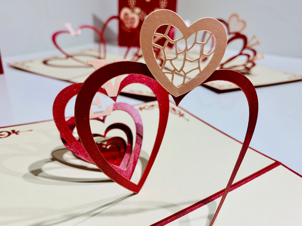 String of Hearts LOVE 3D POP UP GREETING CARD - Created by Origami Pop Cards Australian Design & Handmade 3D Pop Up Magical Paper Cards, Handmade Pop Up Cards Happy Valentine's Day Celebrate Love Heart Fell and Romantic