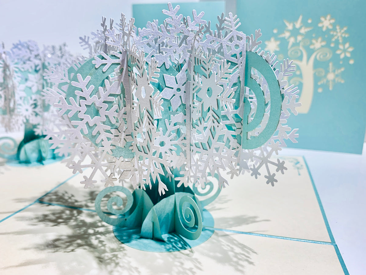 Metallic Snowflake Tree in White & Turquoise Origami Pop Cards 3D Pop Up Greeting Card Merry Christmas Thank You Handmade Best Wishes Blank Card Gift Happy Holidays Celebrate the Special Day