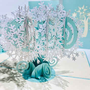 Metallic Snowflake Tree in White & Turquoise Origami Pop Cards 3D Pop Up Greeting Card Merry Christmas Thank You Handmade Best Wishes Blank Card Gift Happy Holidays Celebrate the Special Day