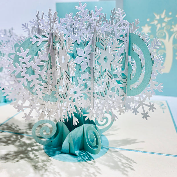Metallic Snowflake Tree in White & Turquoise Origami Pop Cards 3D Pop Up Greeting Card Merry Christmas Thank You Handmade Best Wishes Blank Card Gift Happy Holidays Celebrate the Special Day