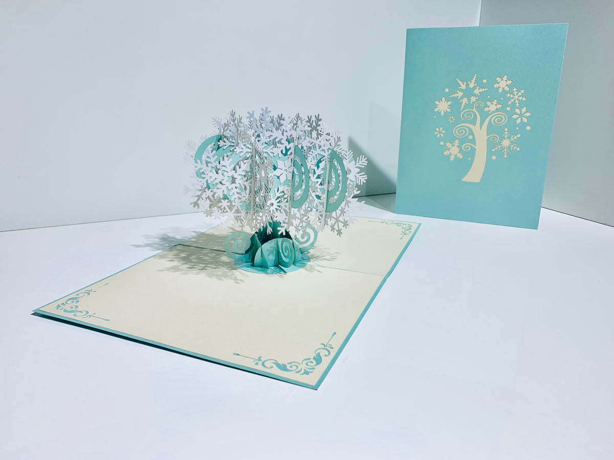 Metallic Snowflake Tree in White & Turquoise Origami Pop Cards 3D Pop Up Greeting Card Merry Christmas Thank You Handmade Best Wishes Blank Card Gift Happy Holidays Celebrate the Special Day