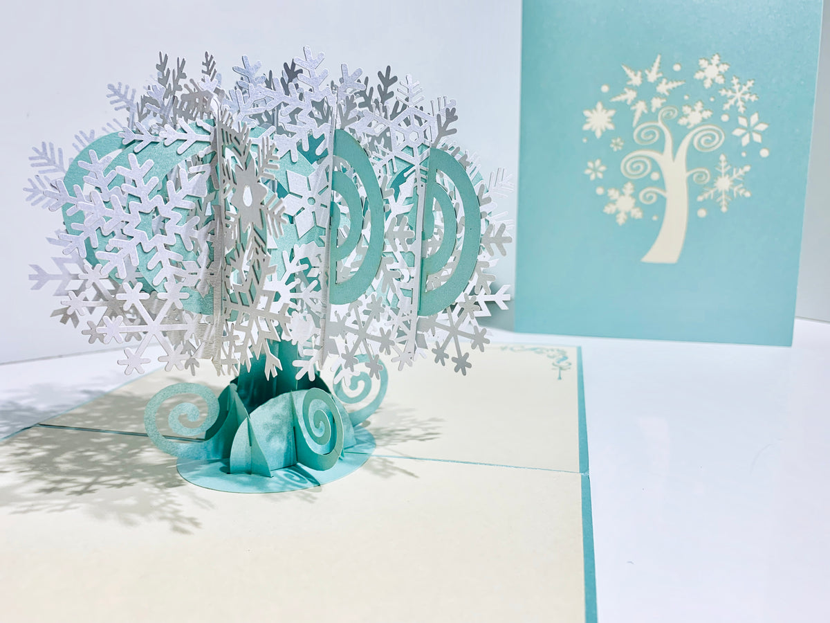 Metallic Snowflake Tree in White & Turquoise Origami Pop Cards 3D Pop Up Greeting Card Merry Christmas Thank You Handmade Best Wishes Blank Card Gift Happy Holidays Celebrate the Special Day