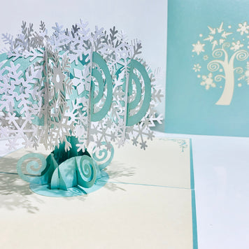 Metallic Snowflake Tree in White & Turquoise Origami Pop Cards 3D Pop Up Greeting Card Merry Christmas Thank You Handmade Best Wishes Blank Card Gift Happy Holidays Celebrate the Special Day
