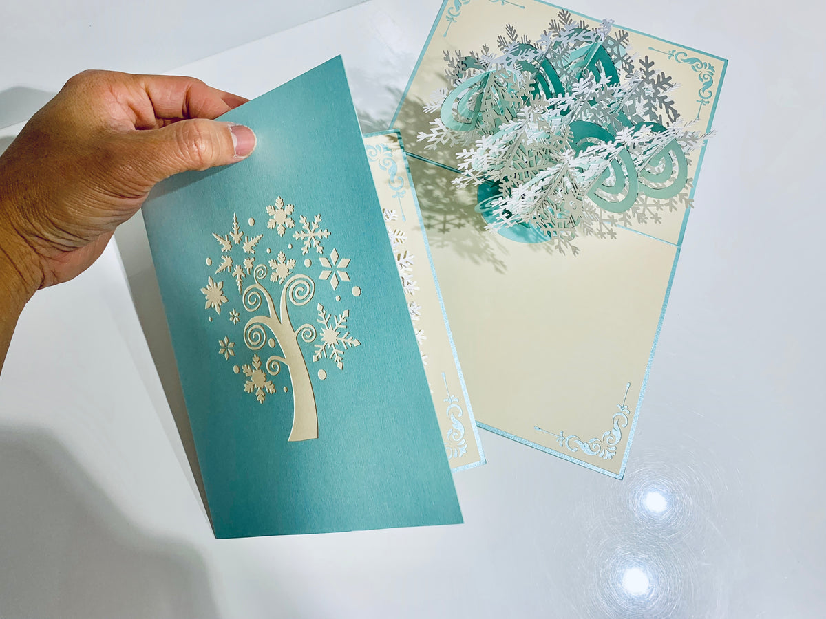 Metallic Snowflake Tree in White & Turquoise Origami Pop Cards 3D Pop Up Greeting Card Merry Christmas Thank You Handmade Best Wishes Blank Card Gift Happy Holidays Celebrate the Special Day