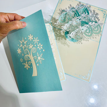 Metallic Snowflake Tree in White & Turquoise Origami Pop Cards 3D Pop Up Greeting Card Merry Christmas Thank You Handmade Best Wishes Blank Card Gift Happy Holidays Celebrate the Special Day