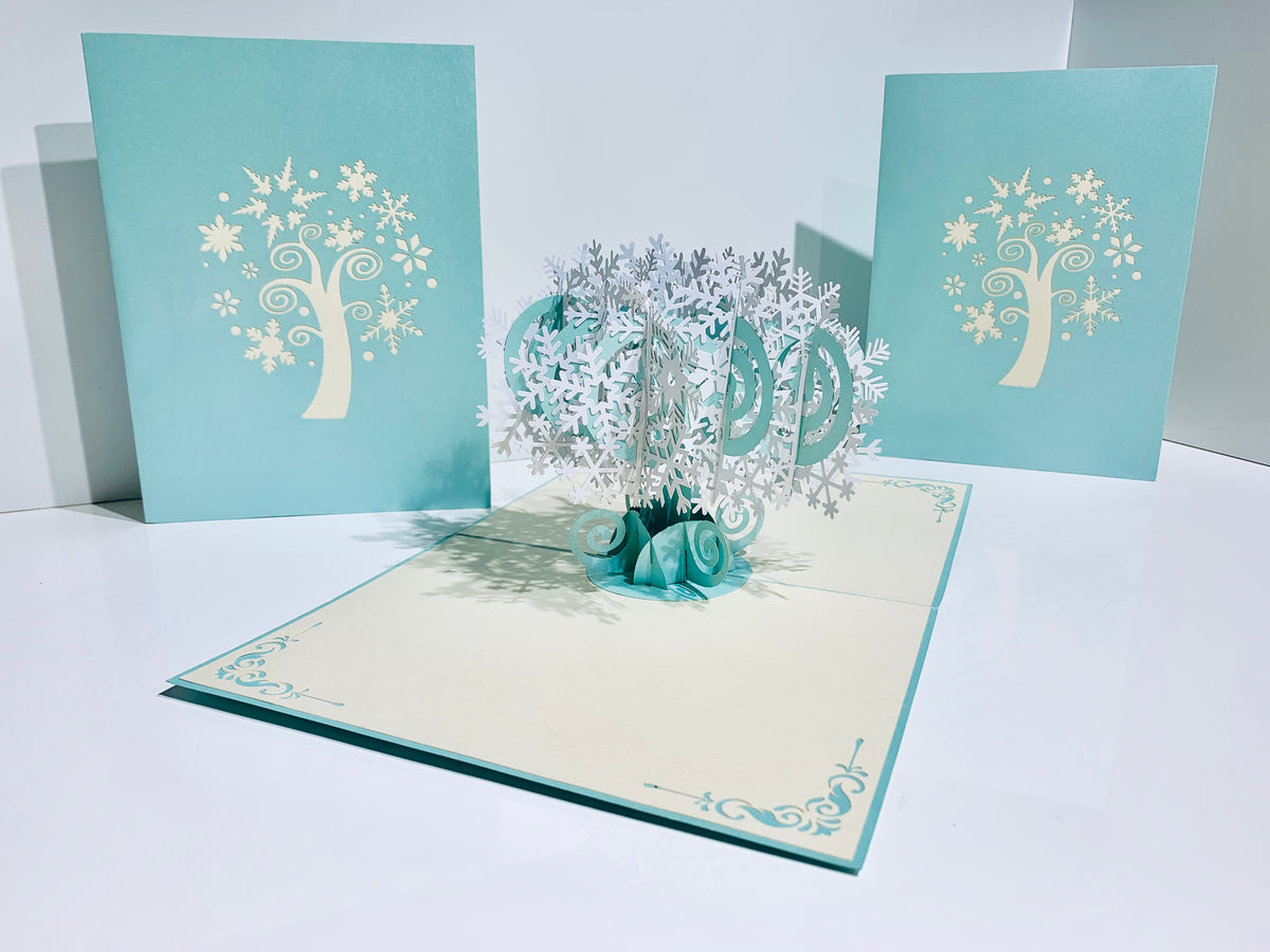 Metallic Snowflake Tree in White & Turquoise Origami Pop Cards 3D Pop Up Greeting Card Merry Christmas Thank You Handmade Best Wishes Blank Card Gift Happy Holidays Celebrate the Special Day