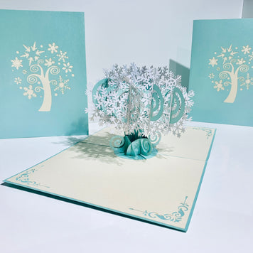 Metallic Snowflake Tree in White & Turquoise Origami Pop Cards 3D Pop Up Greeting Card Merry Christmas Thank You Handmade Best Wishes Blank Card Gift Happy Holidays Celebrate the Special Day