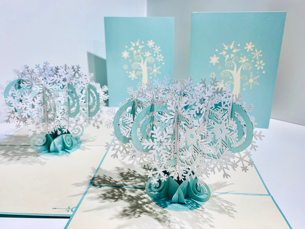 Metallic Snowflake Tree in White & Turquoise Origami Pop Cards 3D Pop Up Greeting Card Merry Christmas Thank You Handmade Best Wishes Blank Card Gift Happy Holidays Celebrate the Special Day