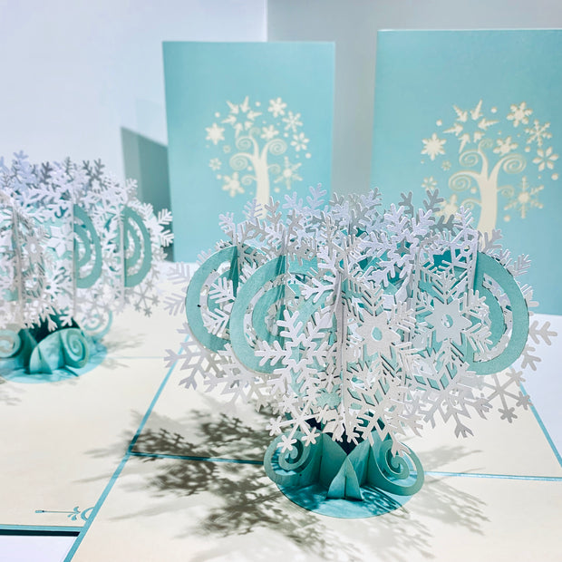 Metallic Snowflake Tree in White & Turquoise Origami Pop Cards 3D Pop Up Greeting Card Merry Christmas Thank You Handmade Best Wishes Blank Card Gift Happy Holidays Celebrate the Special Day