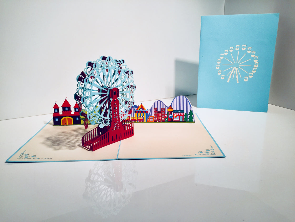 Stunning Turquoise Ferris Wheel & Showground Origami Pop Cards 3D Pop Up Greeting Card Happy Birthday Thank You Handmade Gift Thinking of You Blank Card for Any Occasion Happy Mother's Day Happy Father's Celebrate the Beauty of Architecture