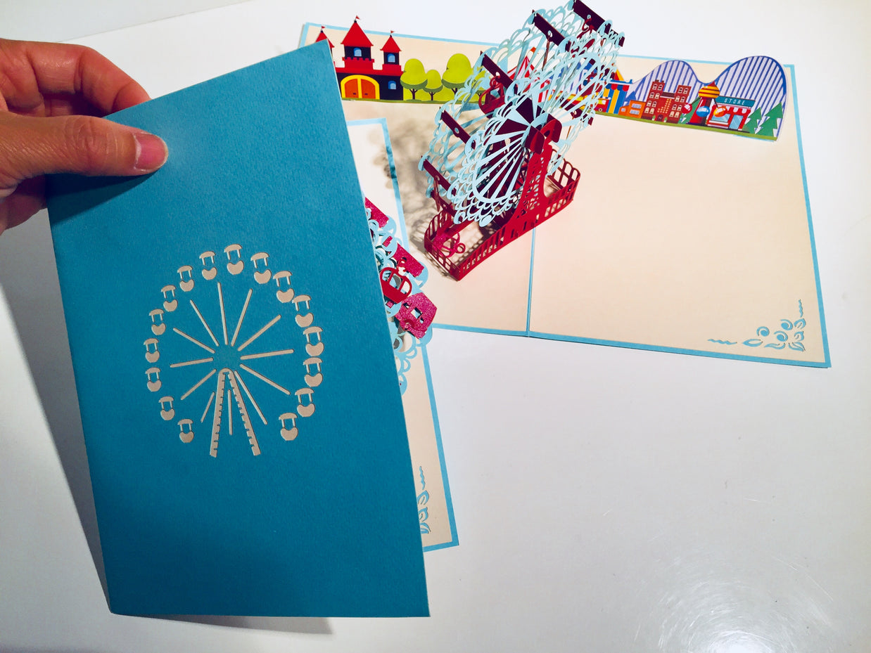 Stunning Turquoise Ferris Wheel & Showground Origami Pop Cards 3D Pop Up Greeting Card Happy Birthday Thank You Handmade Gift Thinking of You Blank Card for Any Occasion Happy Mother's Day Happy Father's Celebrate the Beauty of Architecture