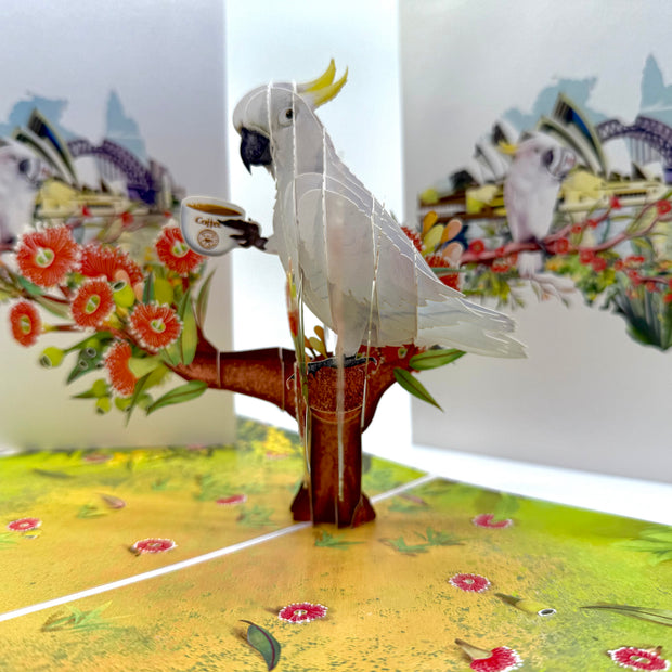 Sulphur-Crested White Cockatoo Having Its Morning Coffee Origami Pop Cards 3D Pop Up Greeting Card Celebrate Happy Birthday Thank You Handmade Best Wishes Gift Thinking of You Blank Card for Any Occasion Happy Mother's Day Happy Father's Day Australiana