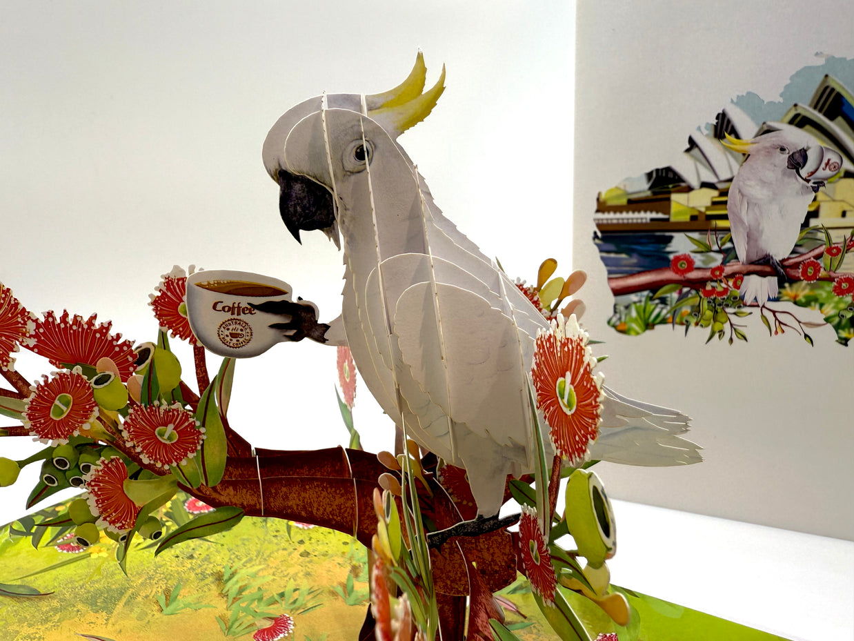 Sulphur-Crested White Cockatoo Having Its Morning Coffee Origami Pop Cards 3D Pop Up Greeting Card Celebrate Happy Birthday Thank You Handmade Best Wishes Gift Thinking of You Blank Card for Any Occasion Happy Mother's Day Happy Father's Day Australiana