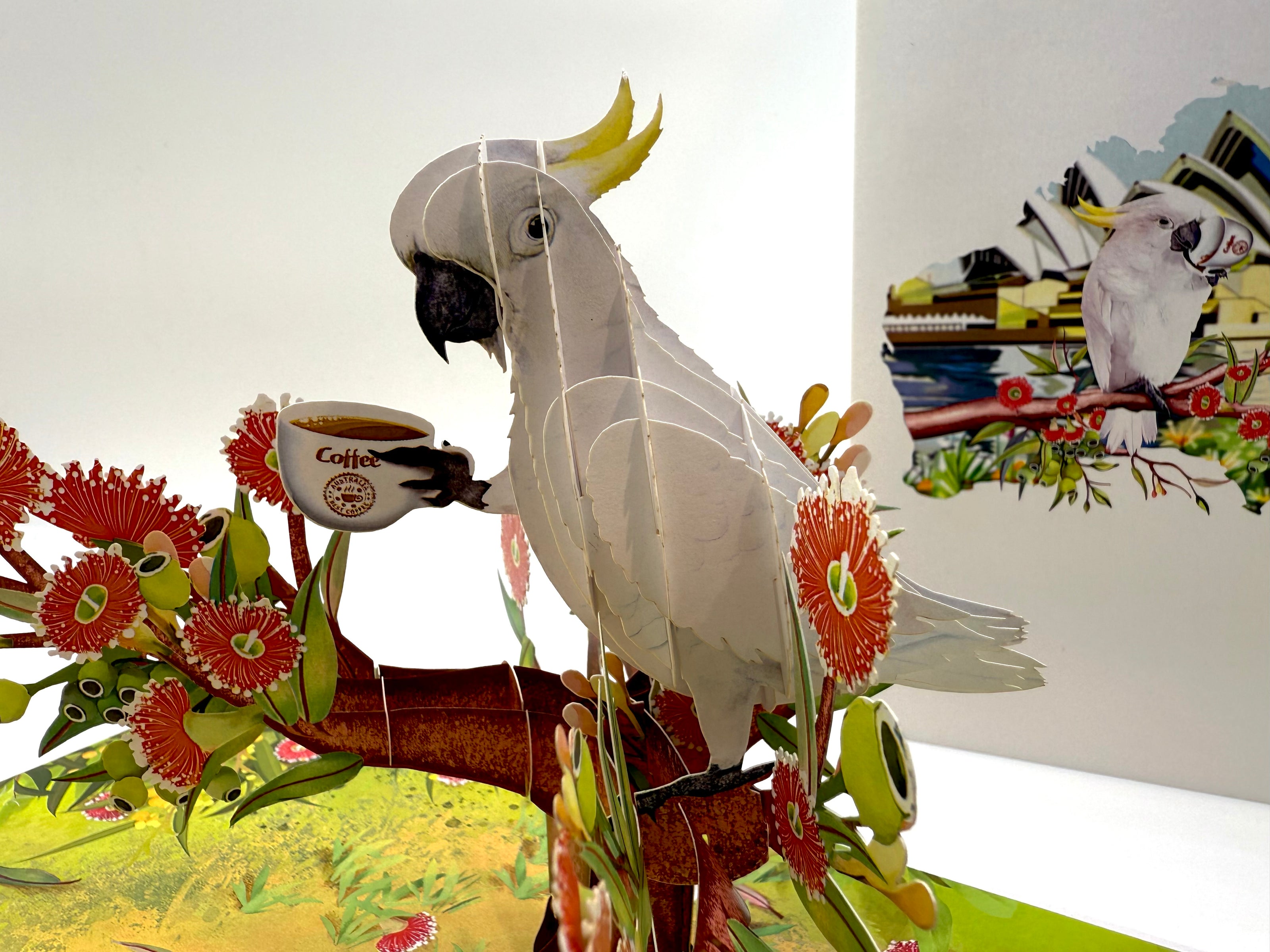 Sulphur-Crested White Cockatoo Having Its Morning Coffee Origami Pop Cards 3D Pop Up Greeting Card Celebrate Happy Birthday Thank You Handmade Best Wishes Gift Thinking of You Blank Card for Any Occasion Happy Mother's Day Happy Father's Day Australiana