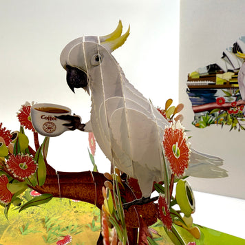 Sulphur-Crested White Cockatoo Having Its Morning Coffee Origami Pop Cards 3D Pop Up Greeting Card Celebrate Happy Birthday Thank You Handmade Best Wishes Gift Thinking of You Blank Card for Any Occasion Happy Mother's Day Happy Father's Day Australiana