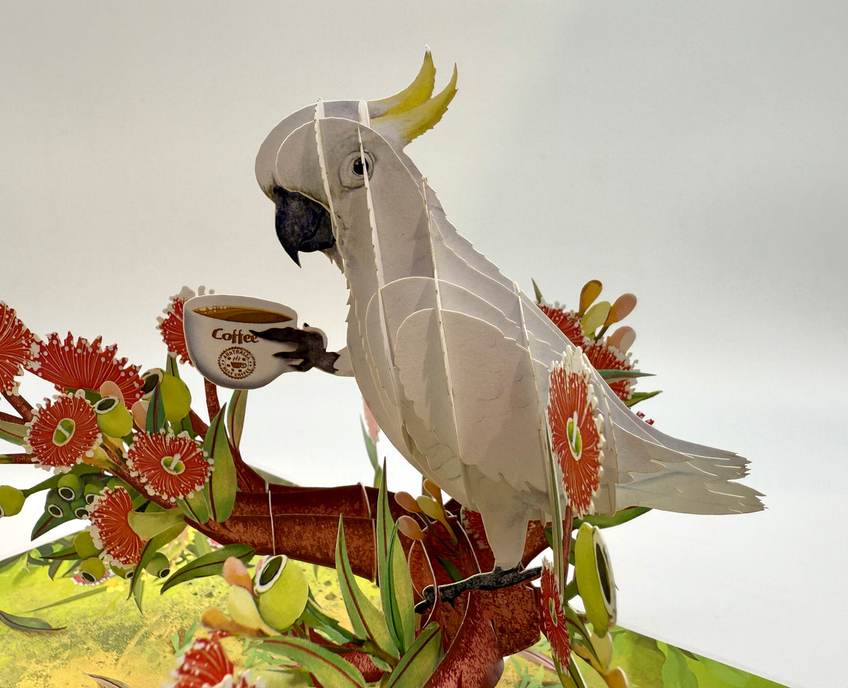 Sulphur-Crested White Cockatoo Having Its Morning Coffee Origami Pop Cards 3D Pop Up Greeting Card Celebrate Happy Birthday Thank You Handmade Best Wishes Gift Thinking of You Blank Card for Any Occasion Happy Mother's Day Happy Father's Day Australiana