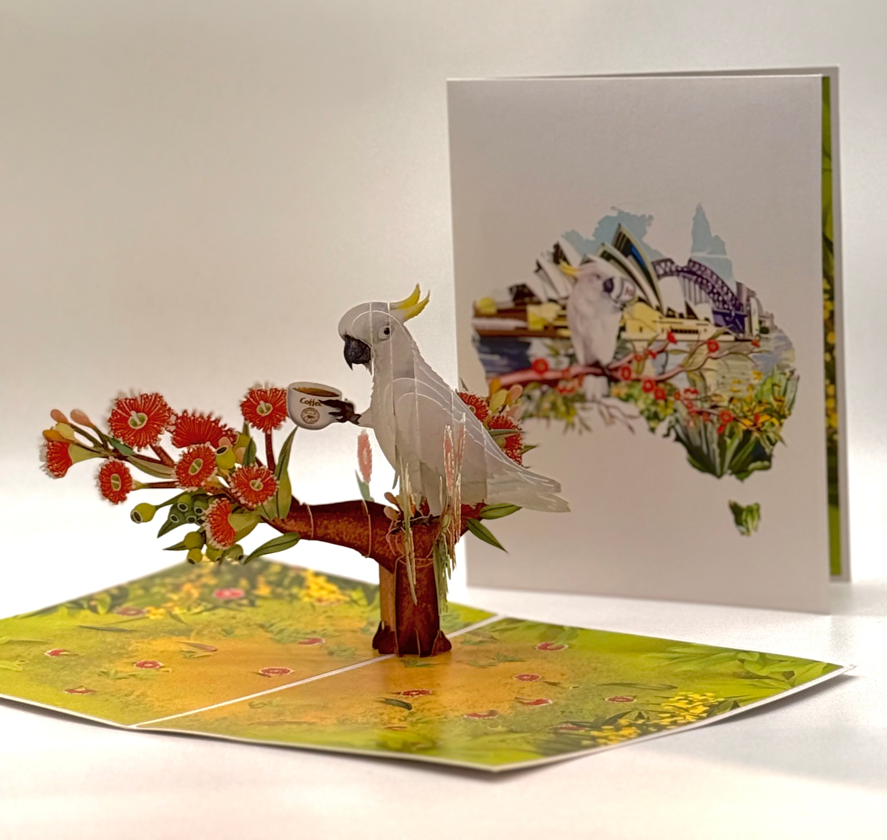 Sulphur-Crested White Cockatoo Having Its Morning Coffee Origami Pop Cards 3D Pop Up Greeting Card Celebrate Happy Birthday Thank You Handmade Best Wishes Gift Thinking of You Blank Card for Any Occasion Happy Mother's Day Happy Father's Day Australiana