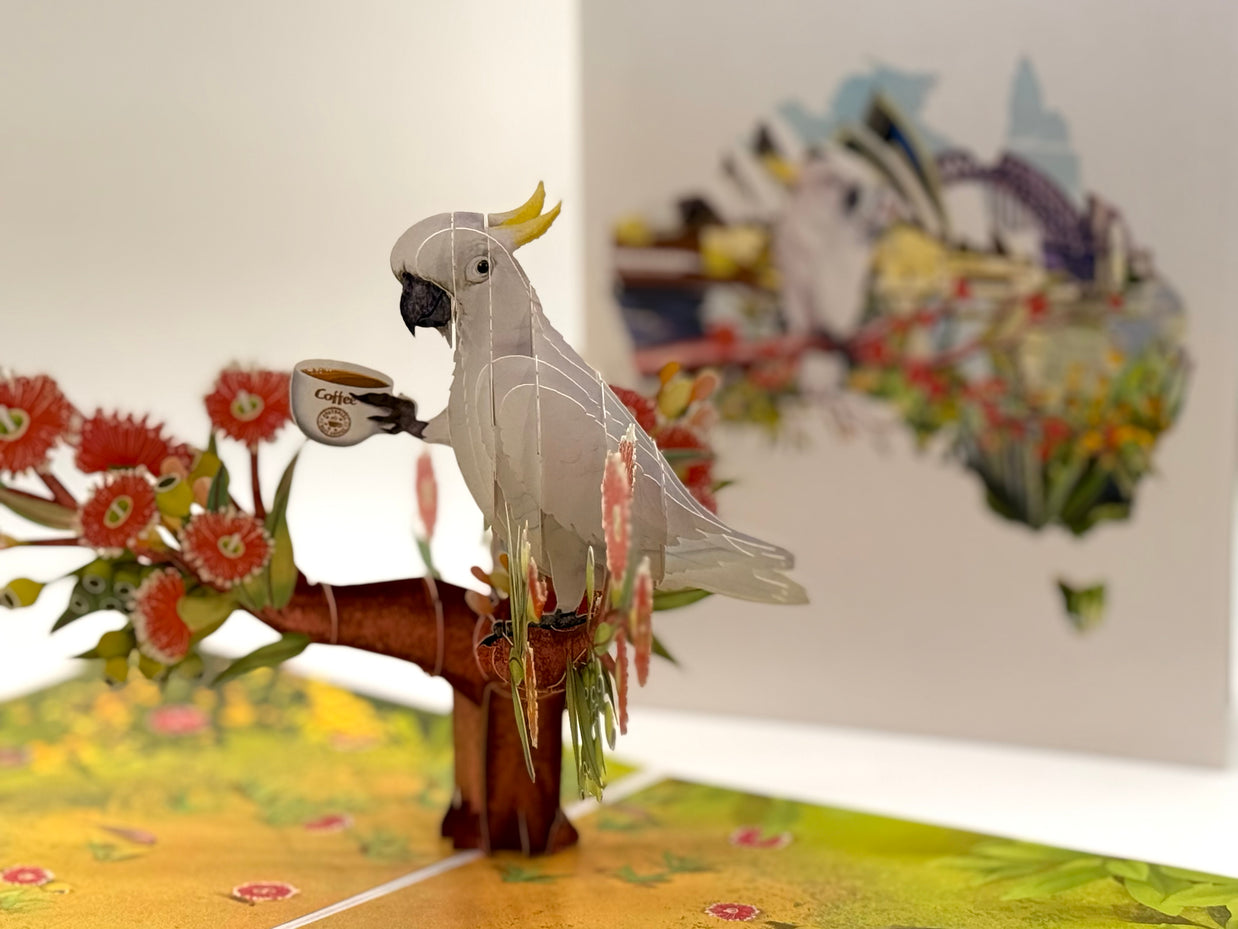 Sulphur-Crested White Cockatoo Having Its Morning Coffee Origami Pop Cards 3D Pop Up Greeting Card Celebrate Happy Birthday Thank You Handmade Best Wishes Gift Thinking of You Blank Card for Any Occasion Happy Mother's Day Happy Father's Day Australiana