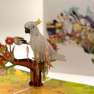 Sulphur-Crested White Cockatoo Having Its Morning Coffee Origami Pop Cards 3D Pop Up Greeting Card Celebrate Happy Birthday Thank You Handmade Best Wishes Gift Thinking of You Blank Card for Any Occasion Happy Mother's Day Happy Father's Day Australiana