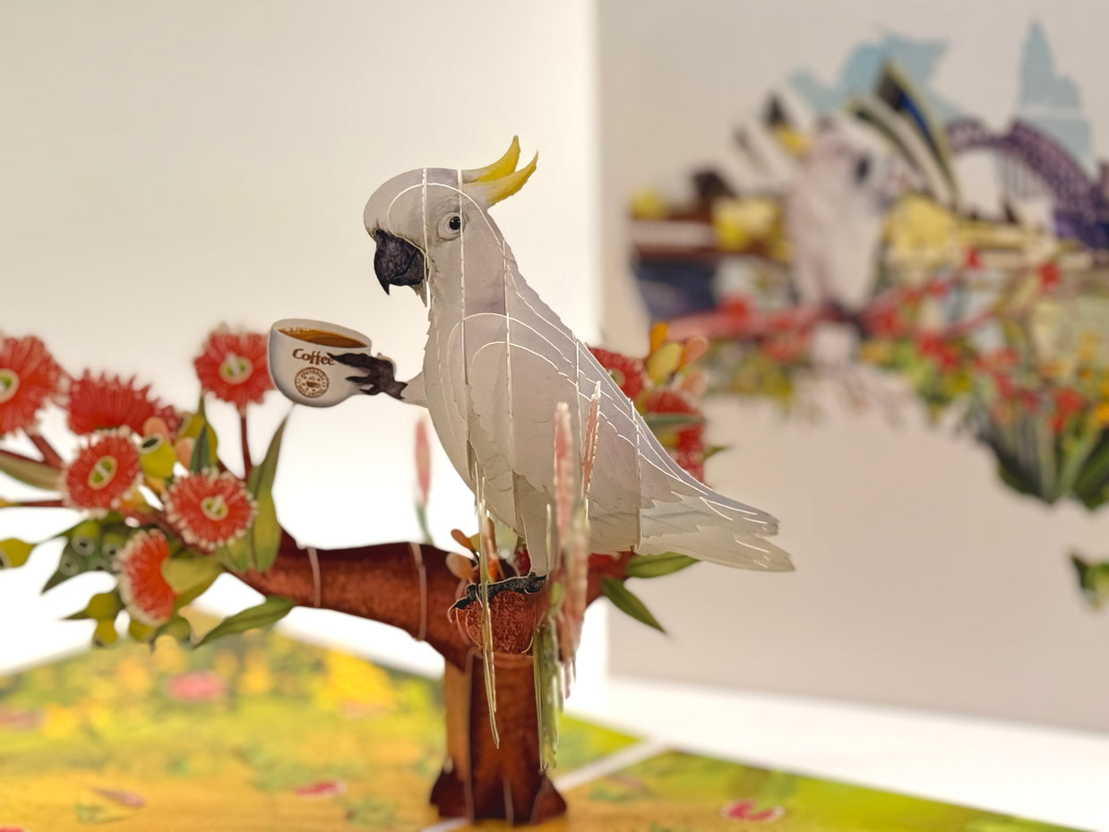Sulphur-Crested White Cockatoo Having Its Morning Coffee Origami Pop Cards 3D Pop Up Greeting Card Celebrate Happy Birthday Thank You Handmade Best Wishes Gift Thinking of You Blank Card for Any Occasion Happy Mother's Day Happy Father's Day Australiana