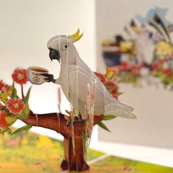 Sulphur-Crested White Cockatoo Having Its Morning Coffee Origami Pop Cards 3D Pop Up Greeting Card Celebrate Happy Birthday Thank You Handmade Best Wishes Gift Thinking of You Blank Card for Any Occasion Happy Mother's Day Happy Father's Day Australiana