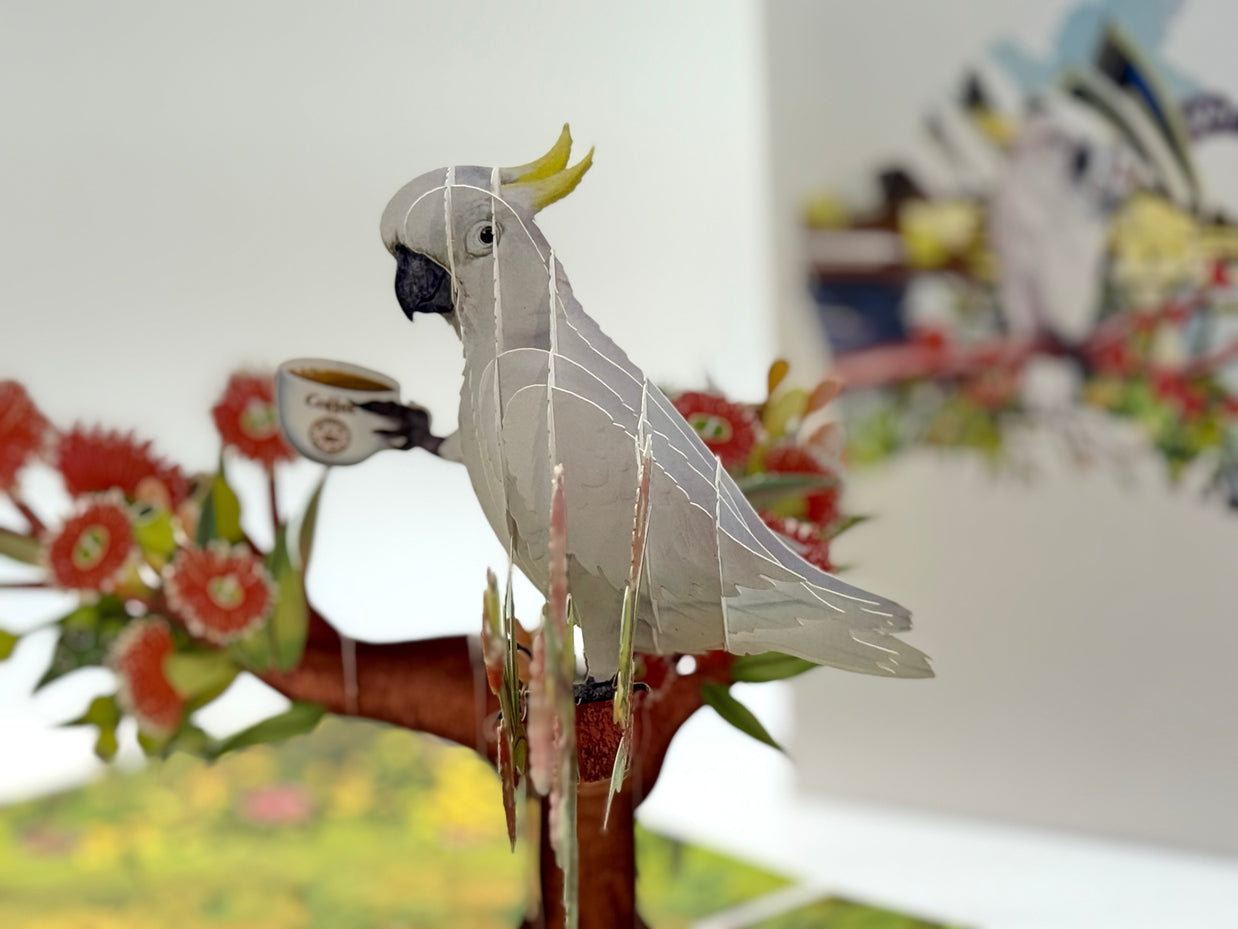 Sulphur-Crested White Cockatoo Having Its Morning Coffee Origami Pop Cards 3D Pop Up Greeting Card Celebrate Happy Birthday Thank You Handmade Best Wishes Gift Thinking of You Blank Card for Any Occasion Happy Mother's Day Happy Father's Day Australiana
