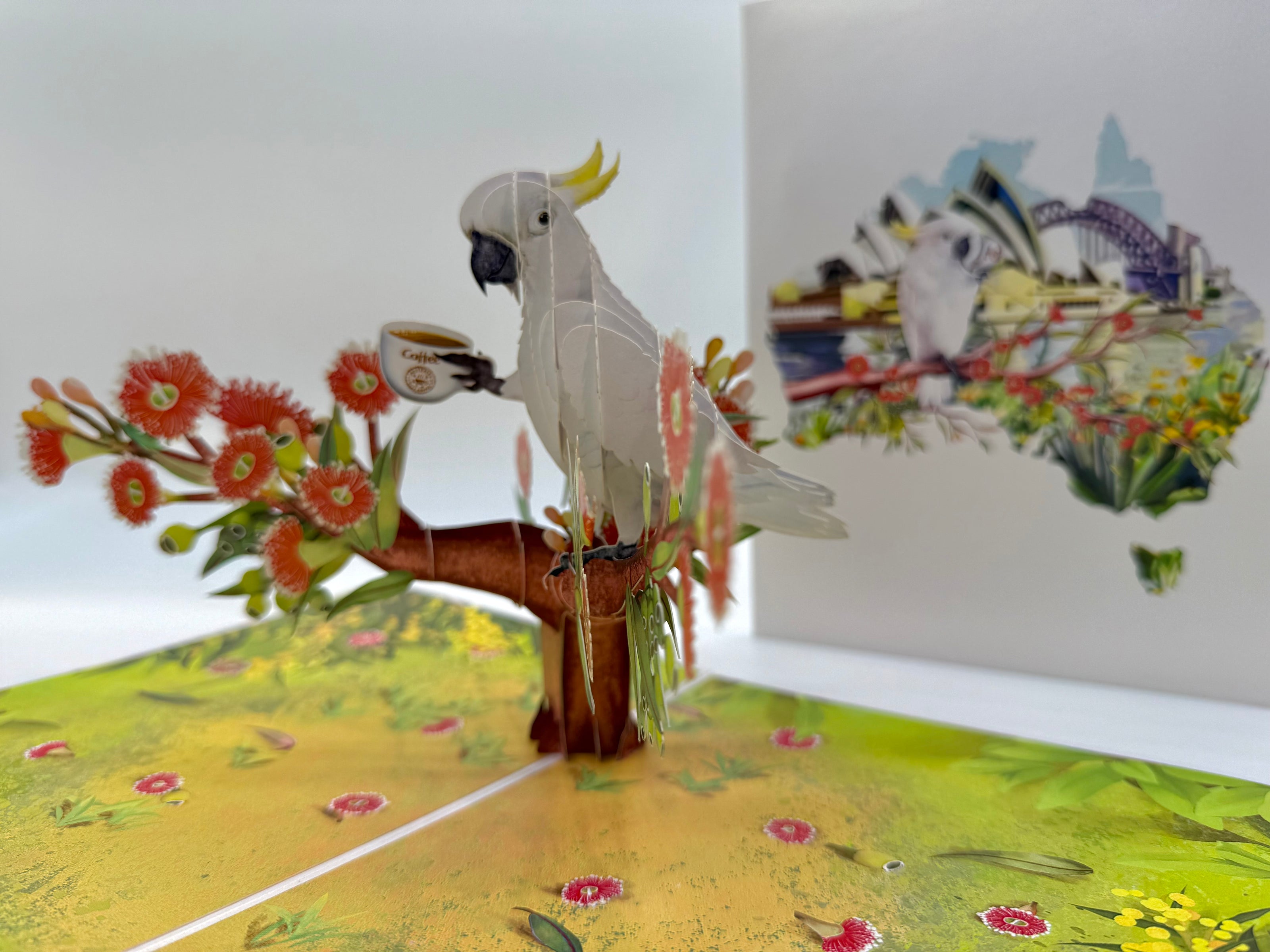 Sulphur-Crested White Cockatoo Having Its Morning Coffee Origami Pop Cards 3D Pop Up Greeting Card Celebrate Happy Birthday Thank You Handmade Best Wishes Gift Thinking of You Blank Card for Any Occasion Happy Mother's Day Happy Father's Day Australiana
