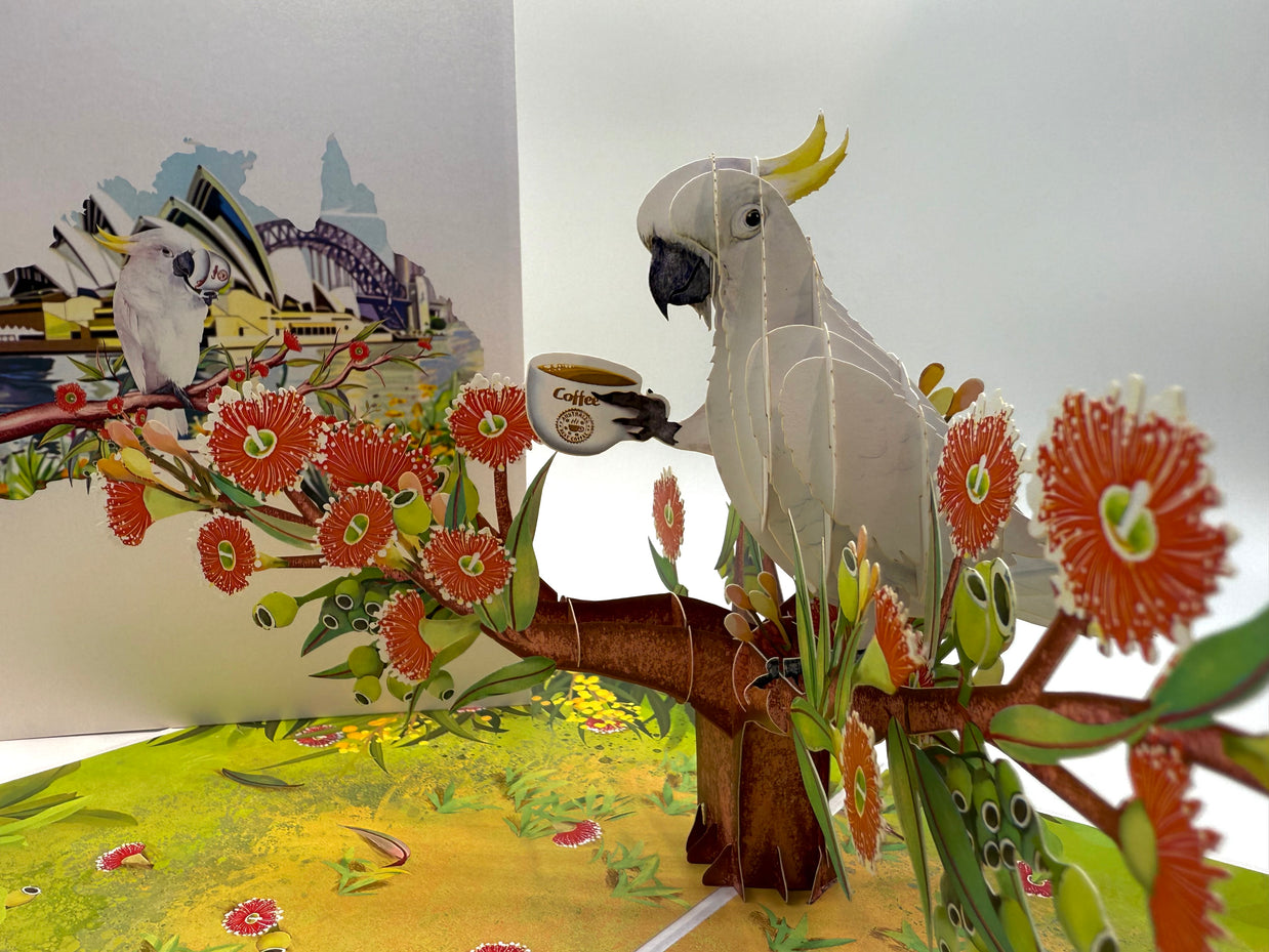Sulphur-Crested White Cockatoo Having Its Morning Coffee Origami Pop Cards 3D Pop Up Greeting Card Celebrate Happy Birthday Thank You Handmade Best Wishes Gift Thinking of You Blank Card for Any Occasion Happy Mother's Day Happy Father's Day Australiana