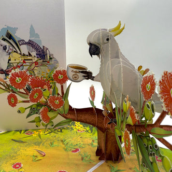 Sulphur-Crested White Cockatoo Having Its Morning Coffee Origami Pop Cards 3D Pop Up Greeting Card Celebrate Happy Birthday Thank You Handmade Best Wishes Gift Thinking of You Blank Card for Any Occasion Happy Mother's Day Happy Father's Day Australiana