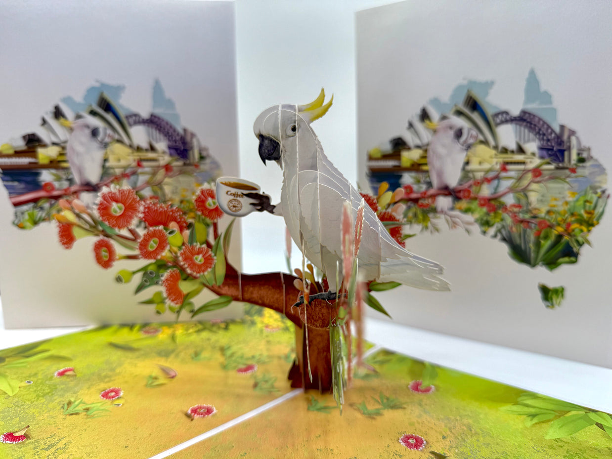 Sulphur-Crested White Cockatoo Having Its Morning Coffee Origami Pop Cards 3D Pop Up Greeting Card Celebrate Happy Birthday Thank You Handmade Best Wishes Gift Thinking of You Blank Card for Any Occasion Happy Mother's Day Happy Father's Day Australiana