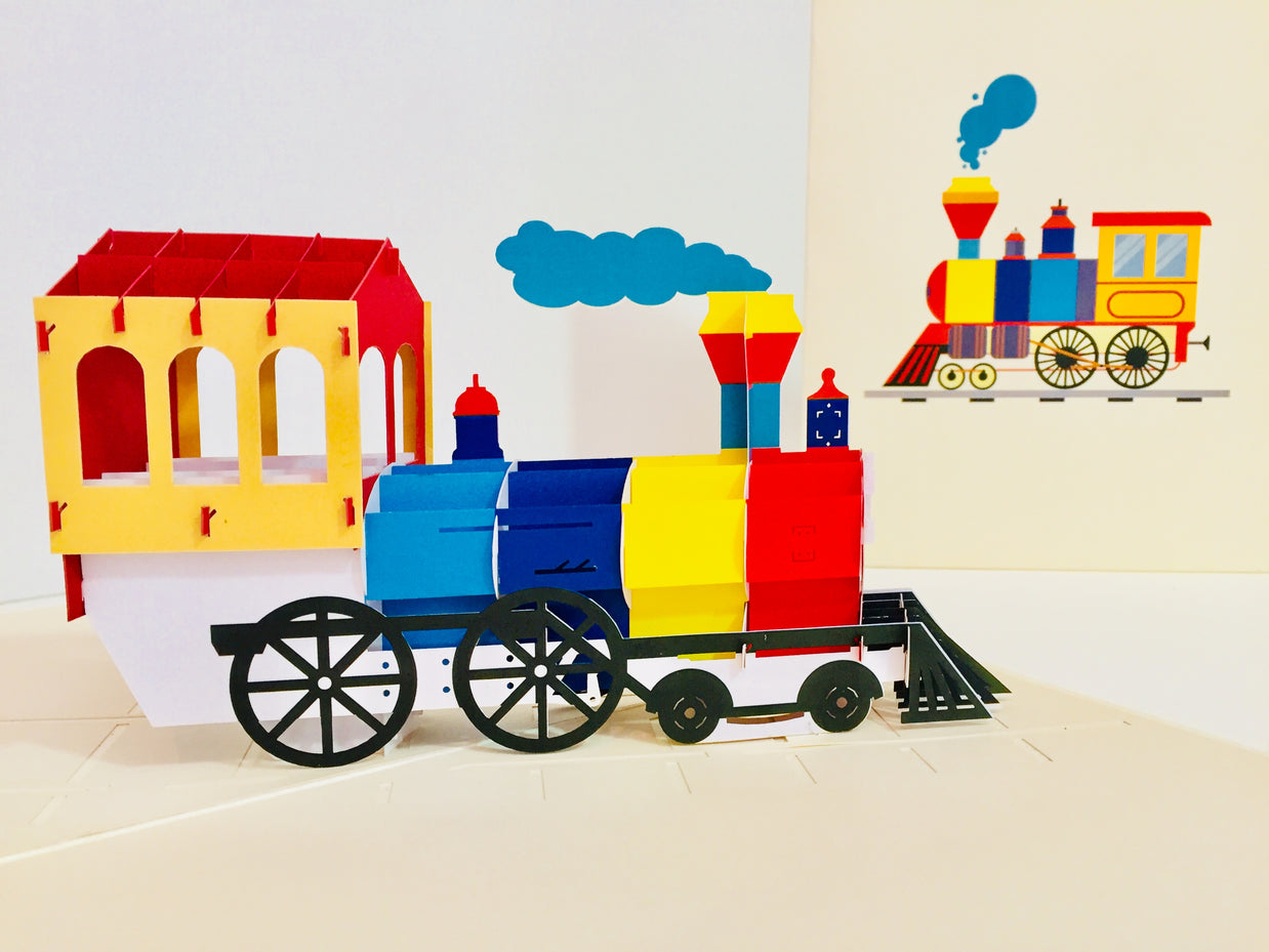 Super Cute Colourful Locomotive Train Origami Pop Cards 3D Pop Up Greeting Card Celebrate Happy Birthday Thank You Handmade Best Wishes Gift Thinking of You Blank Card for Any Occasion Happy Mother's Day Australiana