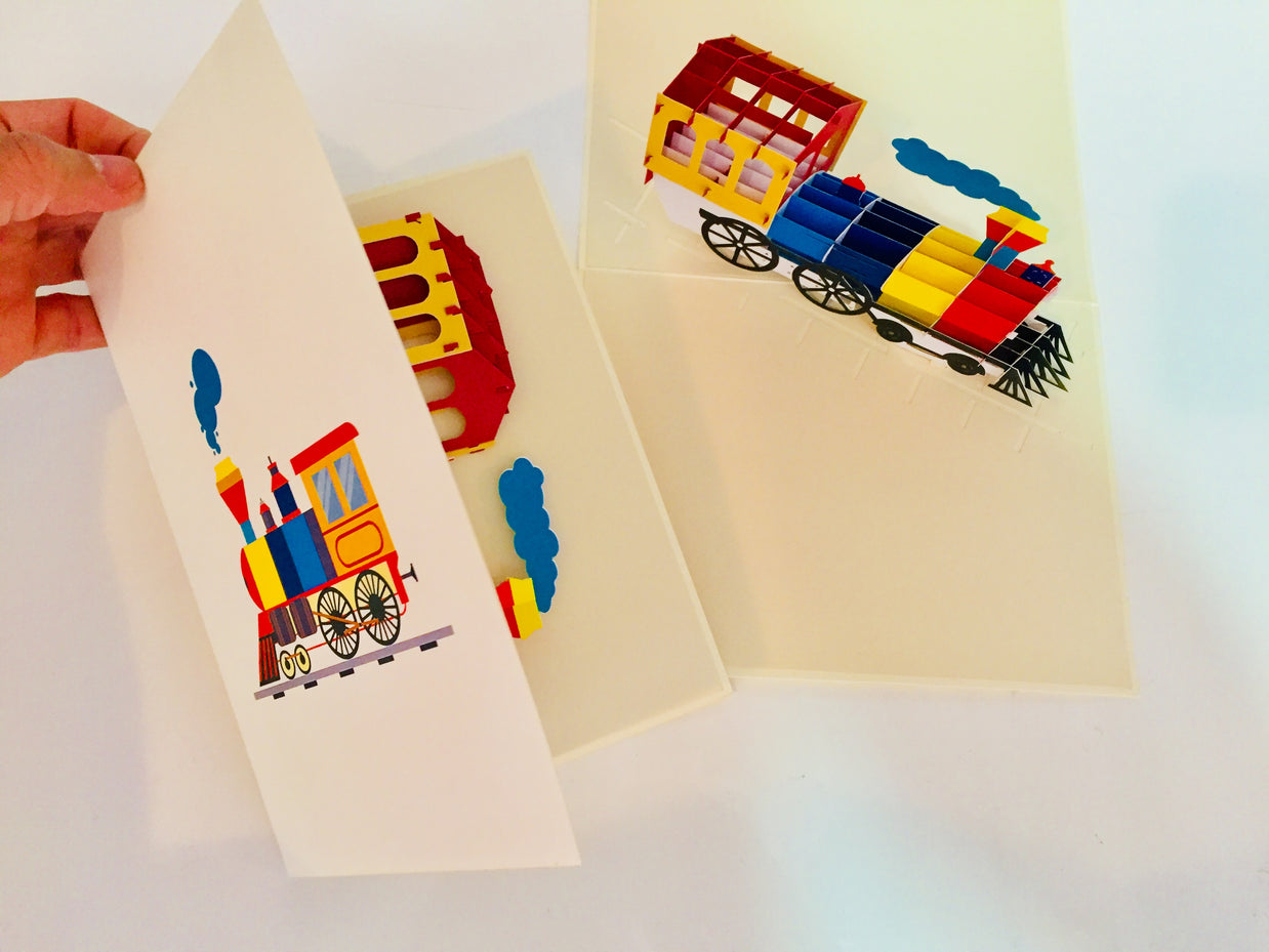 Super Cute Colourful Locomotive Train Origami Pop Cards 3D Pop Up Greeting Card Celebrate Happy Birthday Thank You Handmade Best Wishes Gift Thinking of You Blank Card for Any Occasion Happy Mother's Day Australiana