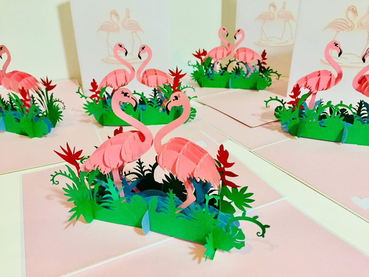 Large Pink Flamingos Mother & A Baby Origami Pop Cards 3D Pop Up Greeting Card Best Wishes Happy Birthday Gift Thank You Handmade Best Wishes Blank Card for Any Occasion Happy Mother's Day Happy Father's Day Celebration