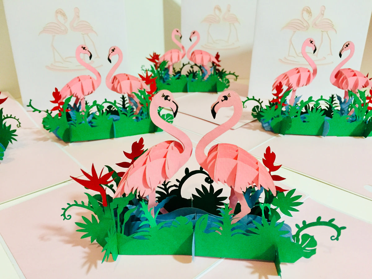 Large Pink Flamingos Mother & A Baby Origami Pop Cards 3D Pop Up Greeting Card Best Wishes Happy Birthday Gift Thank You Handmade Best Wishes Blank Card for Any Occasion Happy Mother's Day Happy Father's Day Celebration
