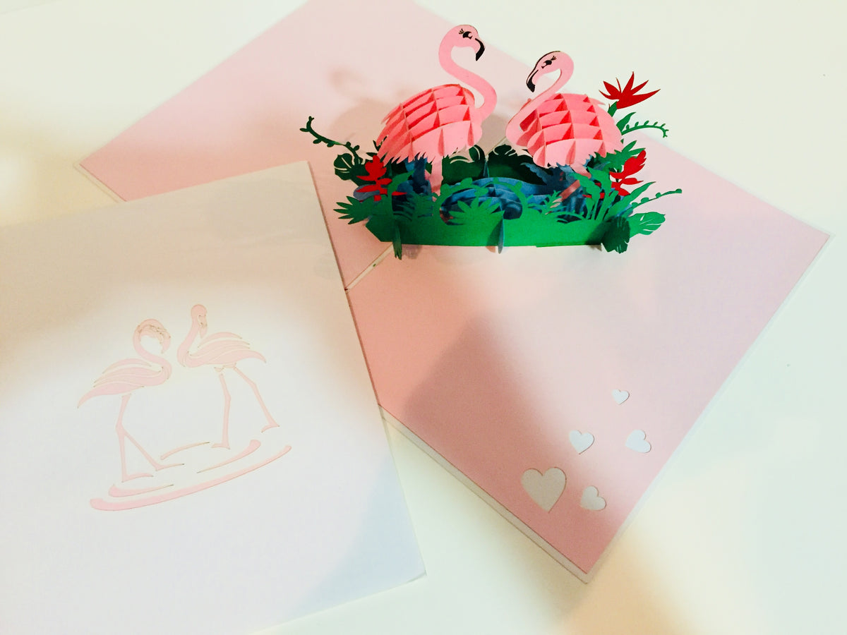 Large Pink Flamingos Mother & A Baby Origami Pop Cards 3D Pop Up Greeting Card Best Wishes Happy Birthday Gift Thank You Handmade Best Wishes Blank Card for Any Occasion Happy Mother's Day Happy Father's Day Celebration
