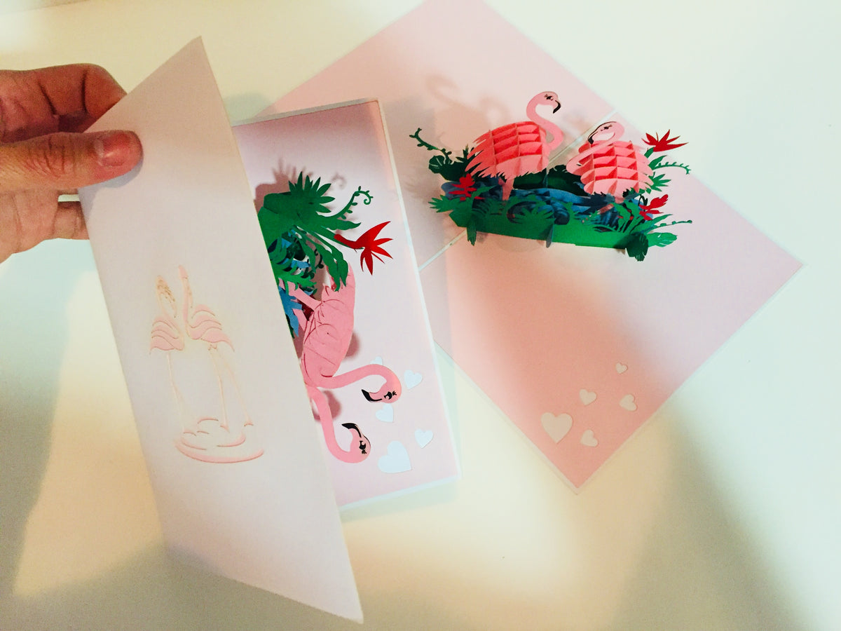 Large Pink Flamingos Mother & A Baby Origami Pop Cards 3D Pop Up Greeting Card Best Wishes Happy Birthday Gift Thank You Handmade Best Wishes Blank Card for Any Occasion Happy Mother's Day Happy Father's Day Celebration
