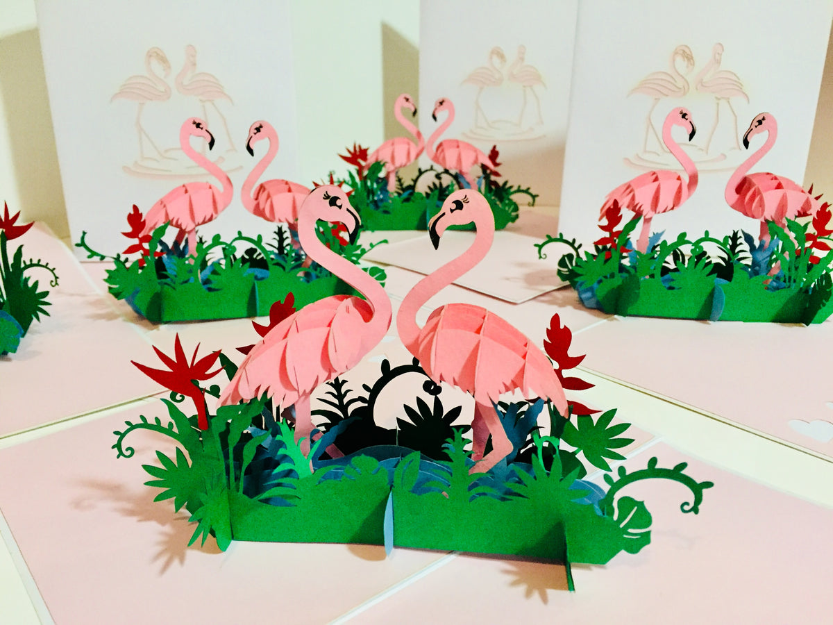 Large Pink Flamingos Mother & A Baby Origami Pop Cards 3D Pop Up Greeting Card Best Wishes Happy Birthday Gift Thank You Handmade Best Wishes Blank Card for Any Occasion Happy Mother's Day Happy Father's Day Celebration
