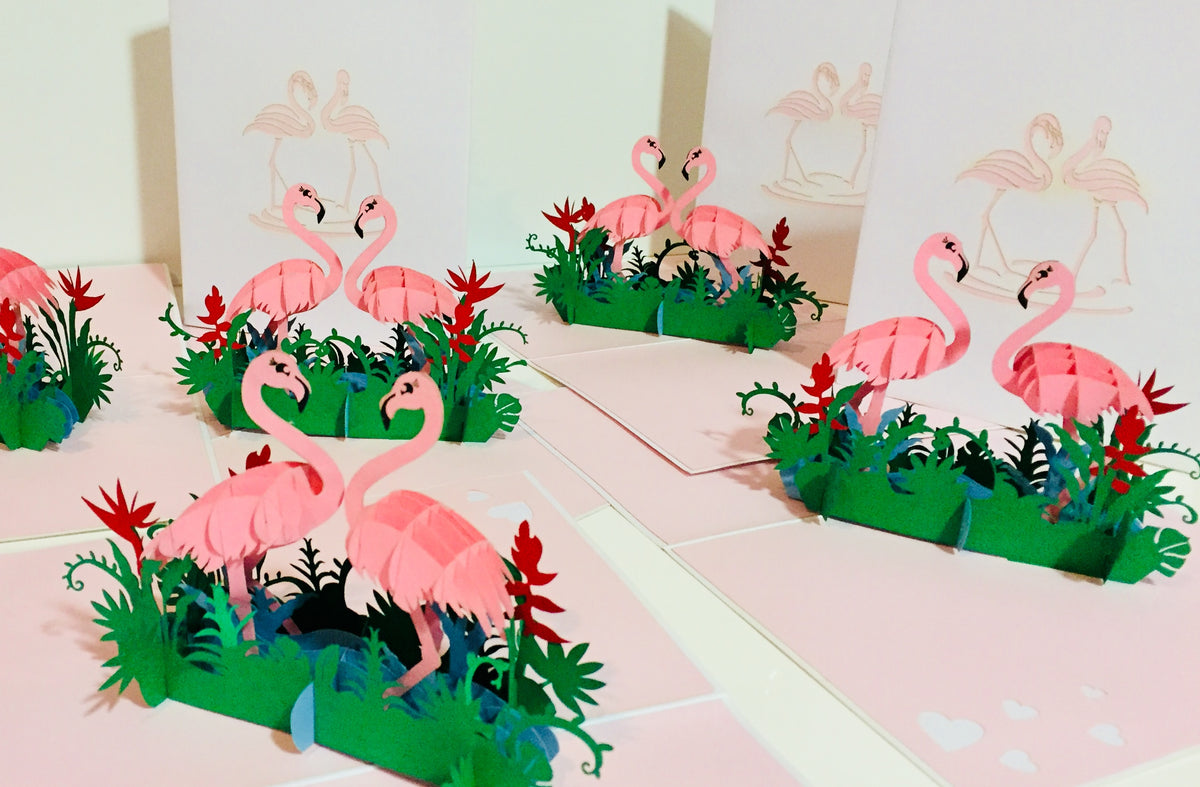 Large Pink Flamingos Mother & A Baby Origami Pop Cards 3D Pop Up Greeting Card Best Wishes Happy Birthday Gift Thank You Handmade Best Wishes Blank Card for Any Occasion Happy Mother's Day Happy Father's Day Celebration