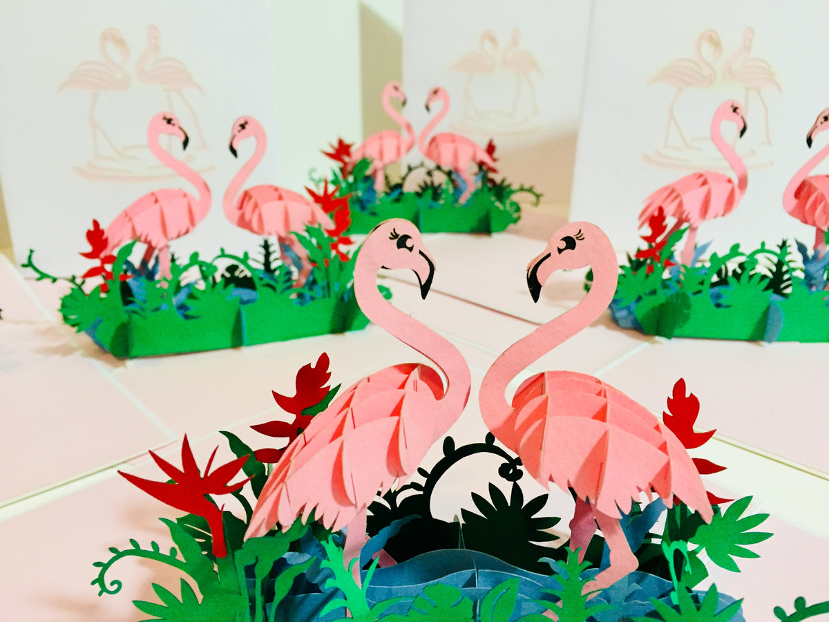 Large Pink Flamingos Mother & A Baby Origami Pop Cards 3D Pop Up Greeting Card Best Wishes Happy Birthday Gift Thank You Handmade Best Wishes Blank Card for Any Occasion Happy Mother's Day Happy Father's Day Celebration